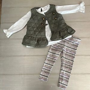 Olive Green Vest, White Long Sleeve Ruffle & Keyhole Back Pattern Leggings